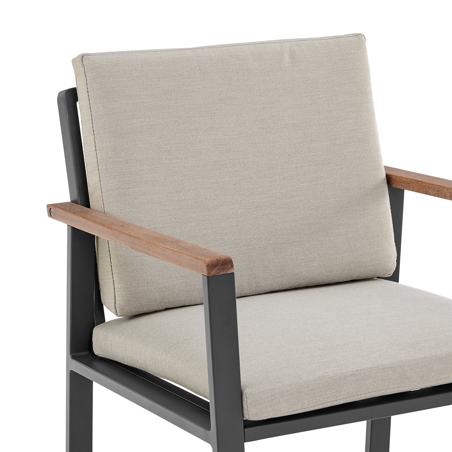 Nofi Outdoor Patio Dining Chair in Charcoal Finish with Taupe Cushions and Teak Wood Accent Arms - Set of 2