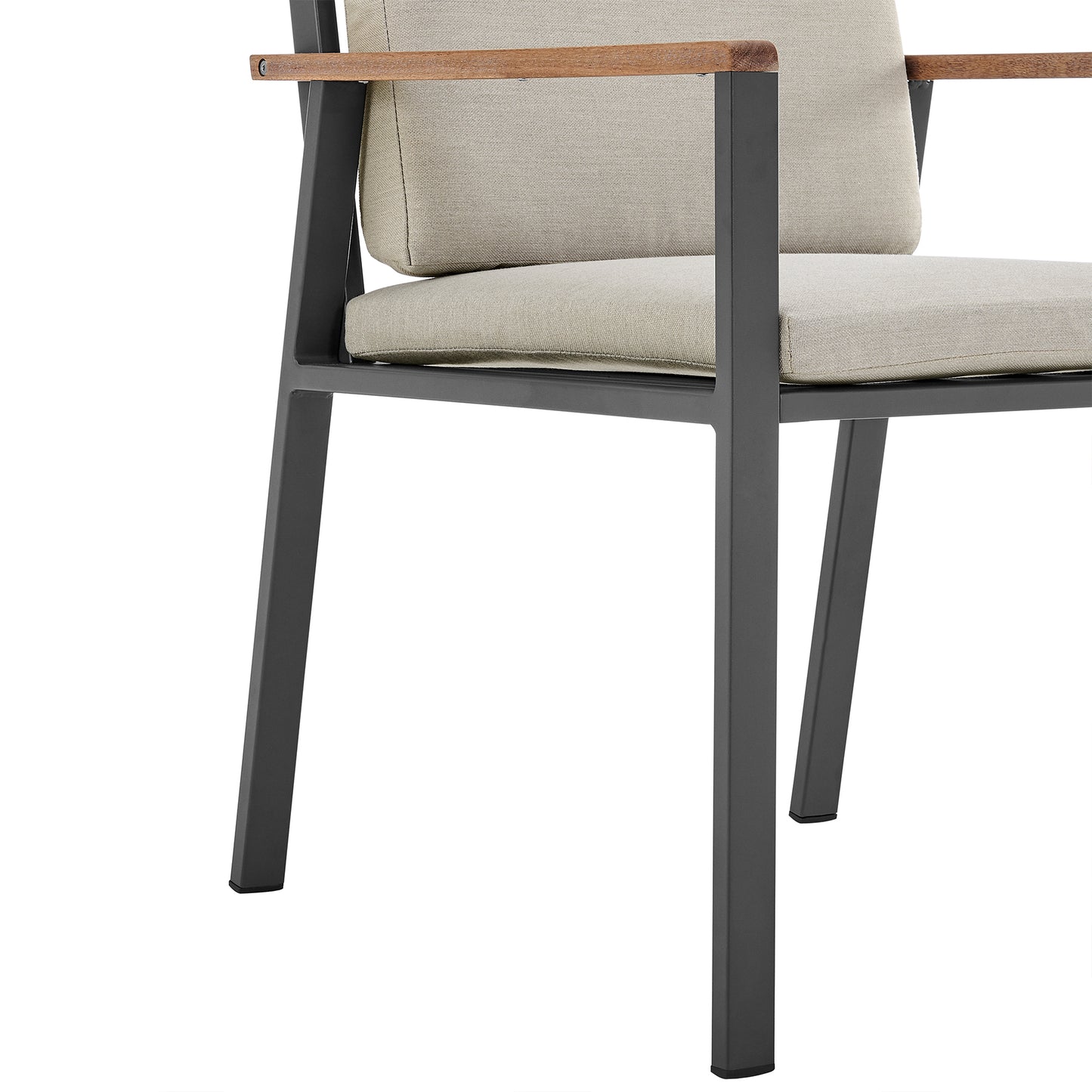 Nofi Outdoor Patio Dining Chair in Charcoal Finish with Taupe Cushions and Teak Wood Accent Arms - Set of 2