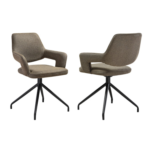 Penny Swivel Upholstered Dining Chair in Brown Fabric with Black Metal Legs - Set of 2