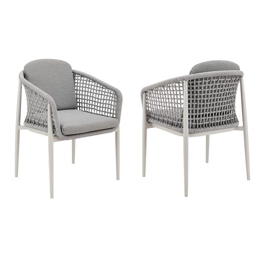 Rhodes Outdoor Patio Dining Chair in Aluminum with Light Gray Rope and Cushions - Set of 2