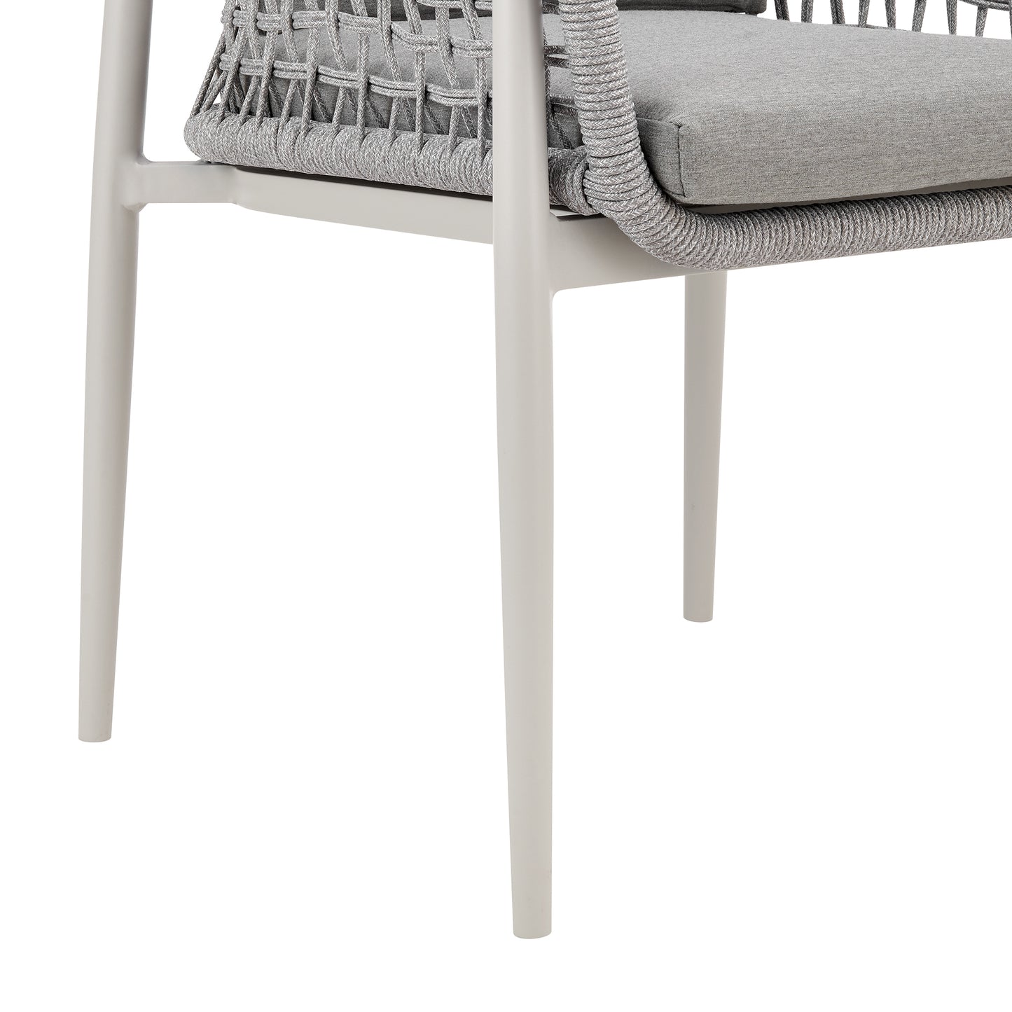 Rhodes Outdoor Patio Dining Chair in Aluminum with Light Gray Rope and Cushions - Set of 2