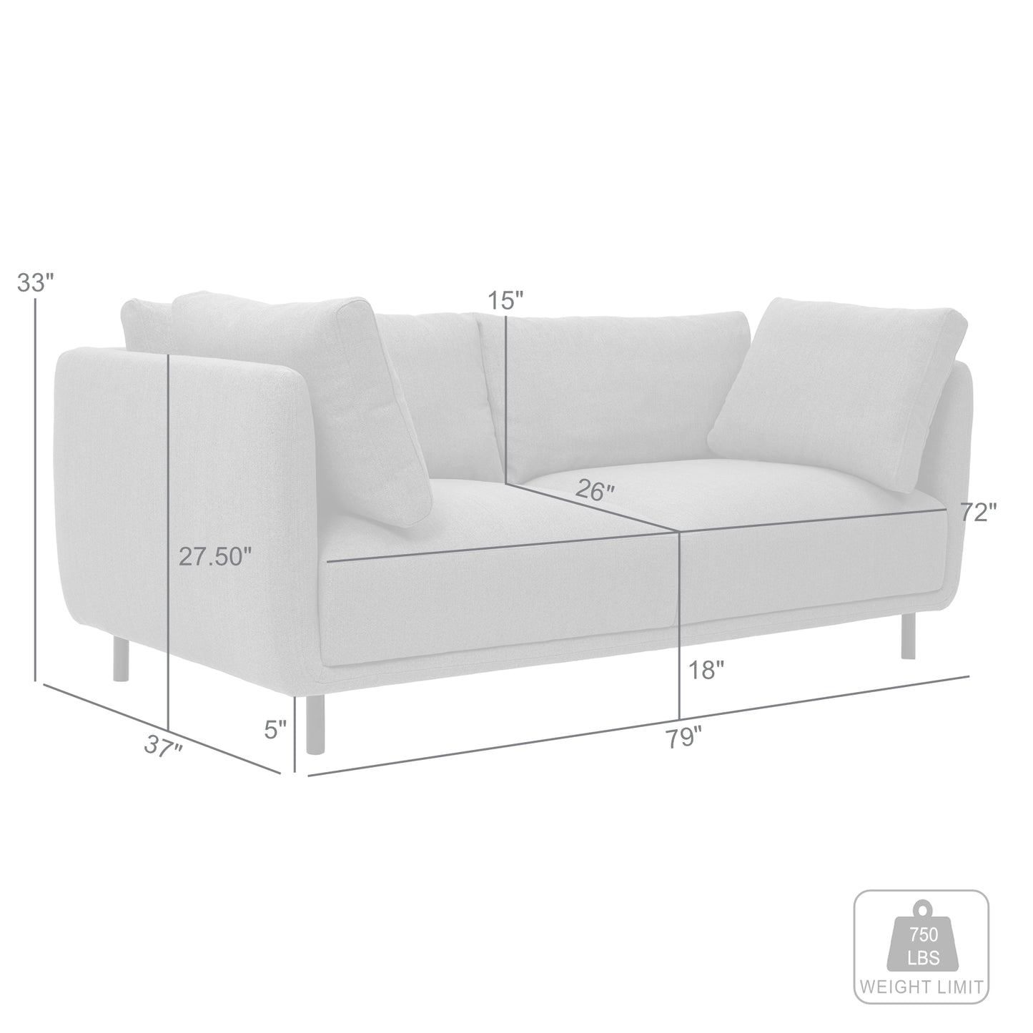 Serenity 79" Gray Fabric Sofa with Black Metal Legs