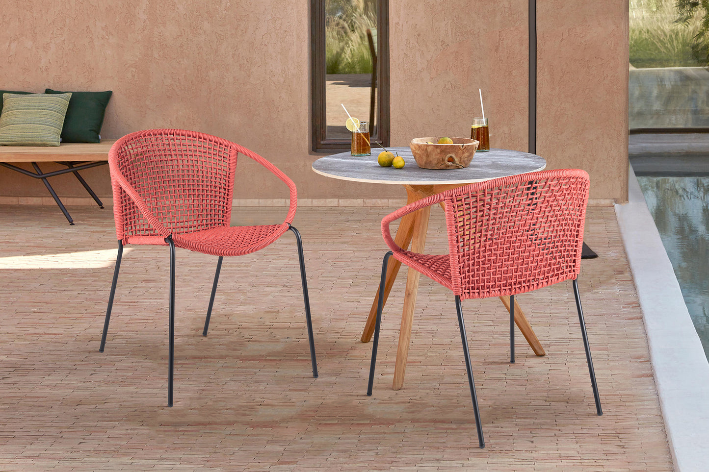 Snack Indoor Outdoor Stackable Steel Dining Chair with Brick Red Rope - Set of 2