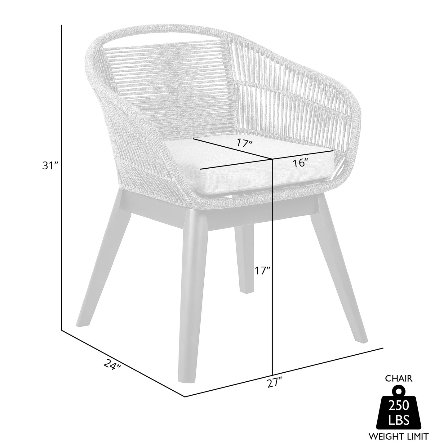 Tutti Frutti Indoor Outdoor Dining Chair in Dark Eucalyptus Wood with Gray Rope and Gray Cushion