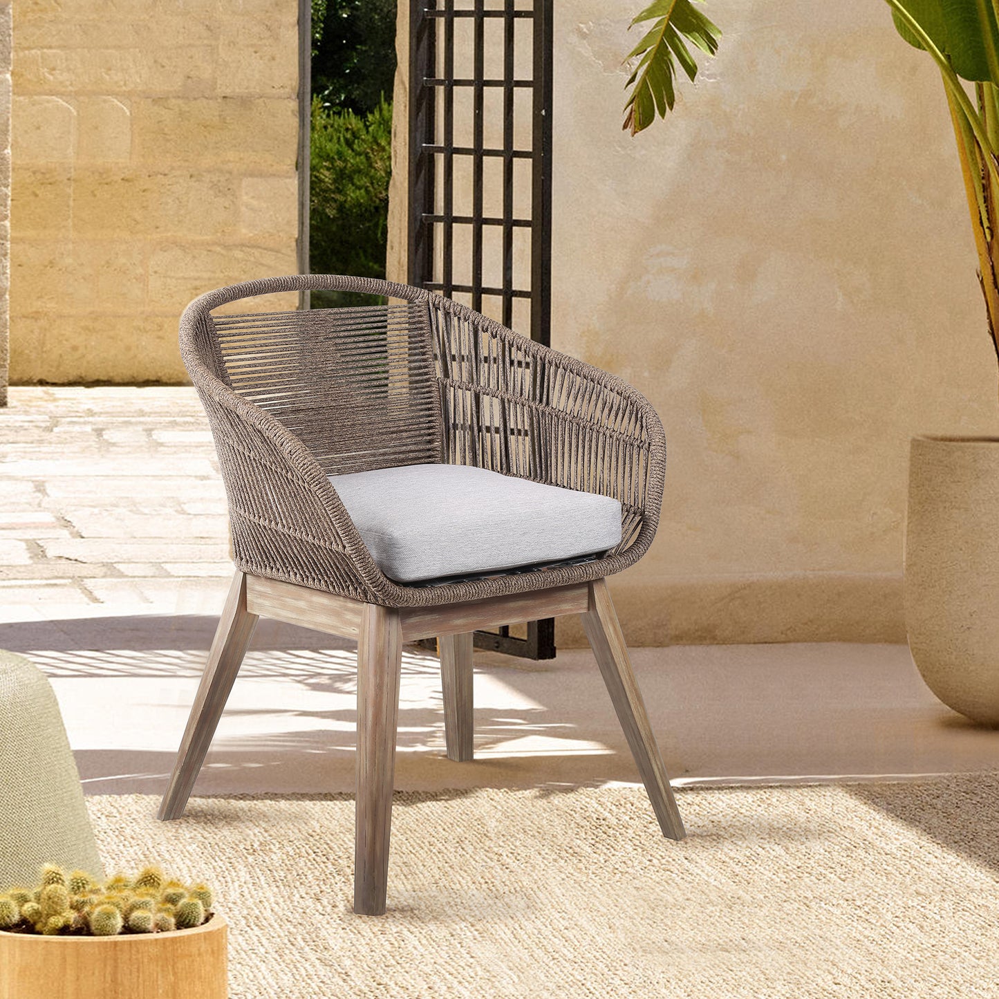 Tutti Frutti Indoor Outdoor Dining Chair in Light Eucalyptus Wood with Truffle Rope and Gray Cushion