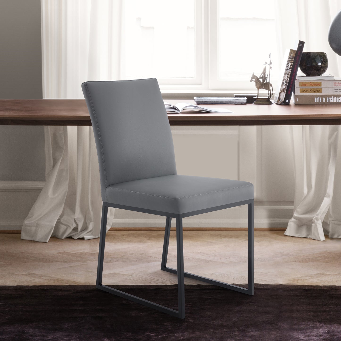 Trevor Contemporary Dining Chair in Matte Black Finish and Gray Faux Leather - Set of 2