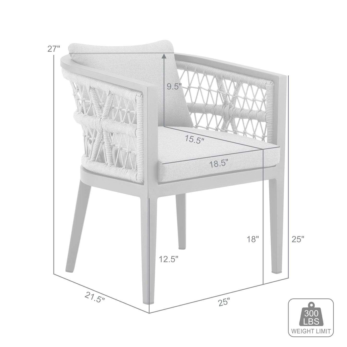 Zella Outdoor Patio Dining Chair in Aluminum with Light Gray Rope and Earl Gray Cushions - Set of 2