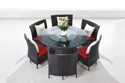 Manhattan Comfort Nightingdale Black 7-Piece Rattan Outdoor Dining Set with Red and White Cushions OD-DS001-RD