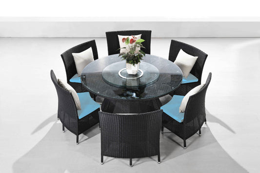 Manhattan Comfort Nightingdale Black 7-Piece Rattan Outdoor Dining Set with Sky Blue and White Cushions OD-DS001-SB