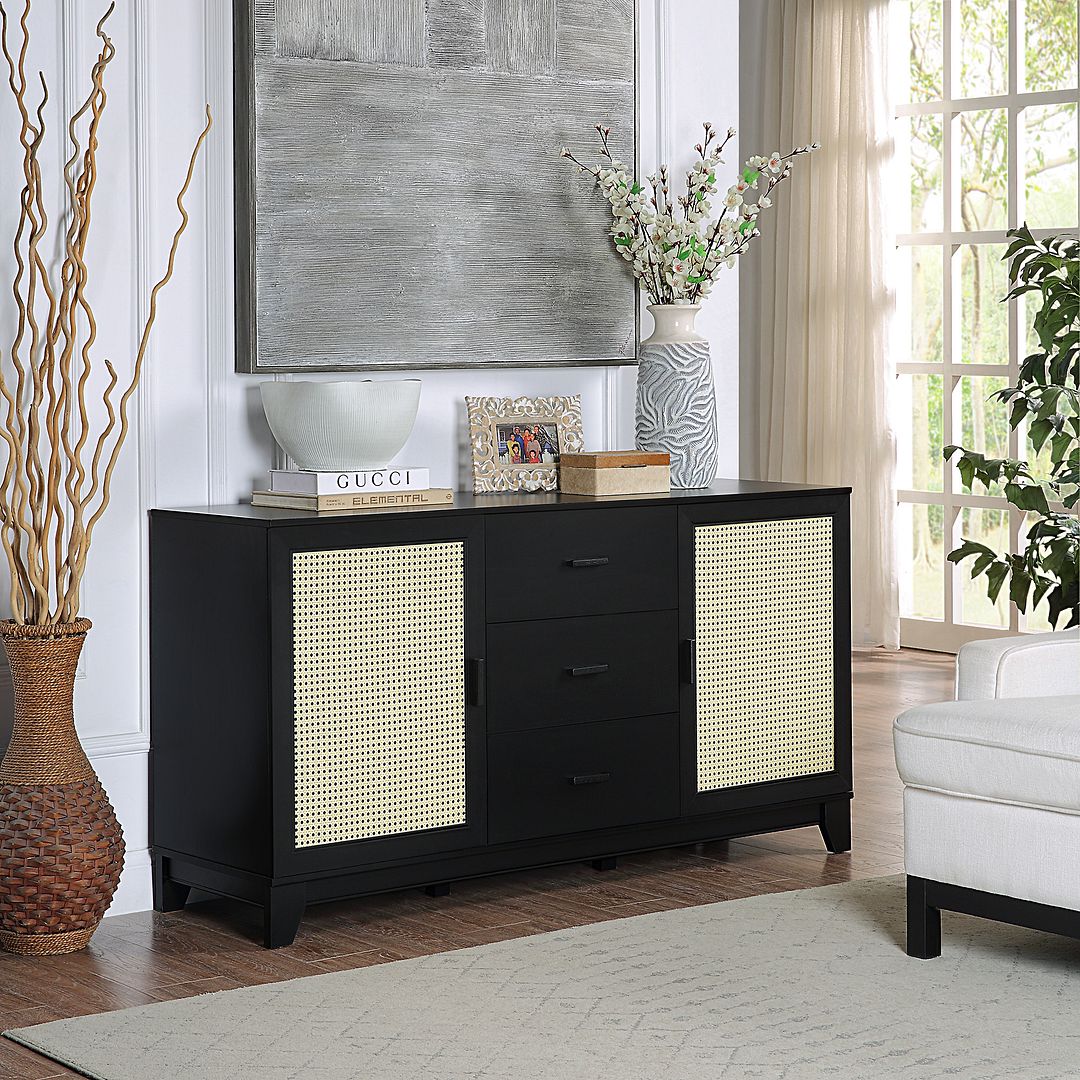 Manhattan Comfort Sheridan 59.05 Modern Cane Sideboard with Adjustable Shelves in Black