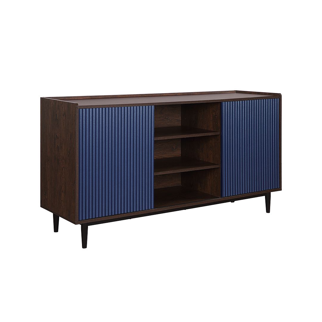 Manhattan Comfort Duane 59.05 Modern Ribbed Sideboard with Adjustable Shelves in Dark Brown and Navy Blue