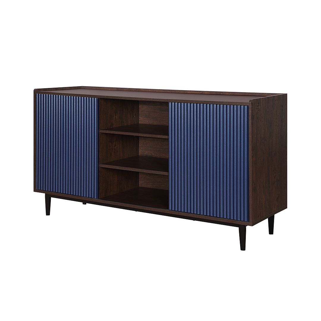 Manhattan Comfort Duane 59.05 Modern Ribbed Sideboard with Adjustable Shelves in Dark Brown and Navy Blue