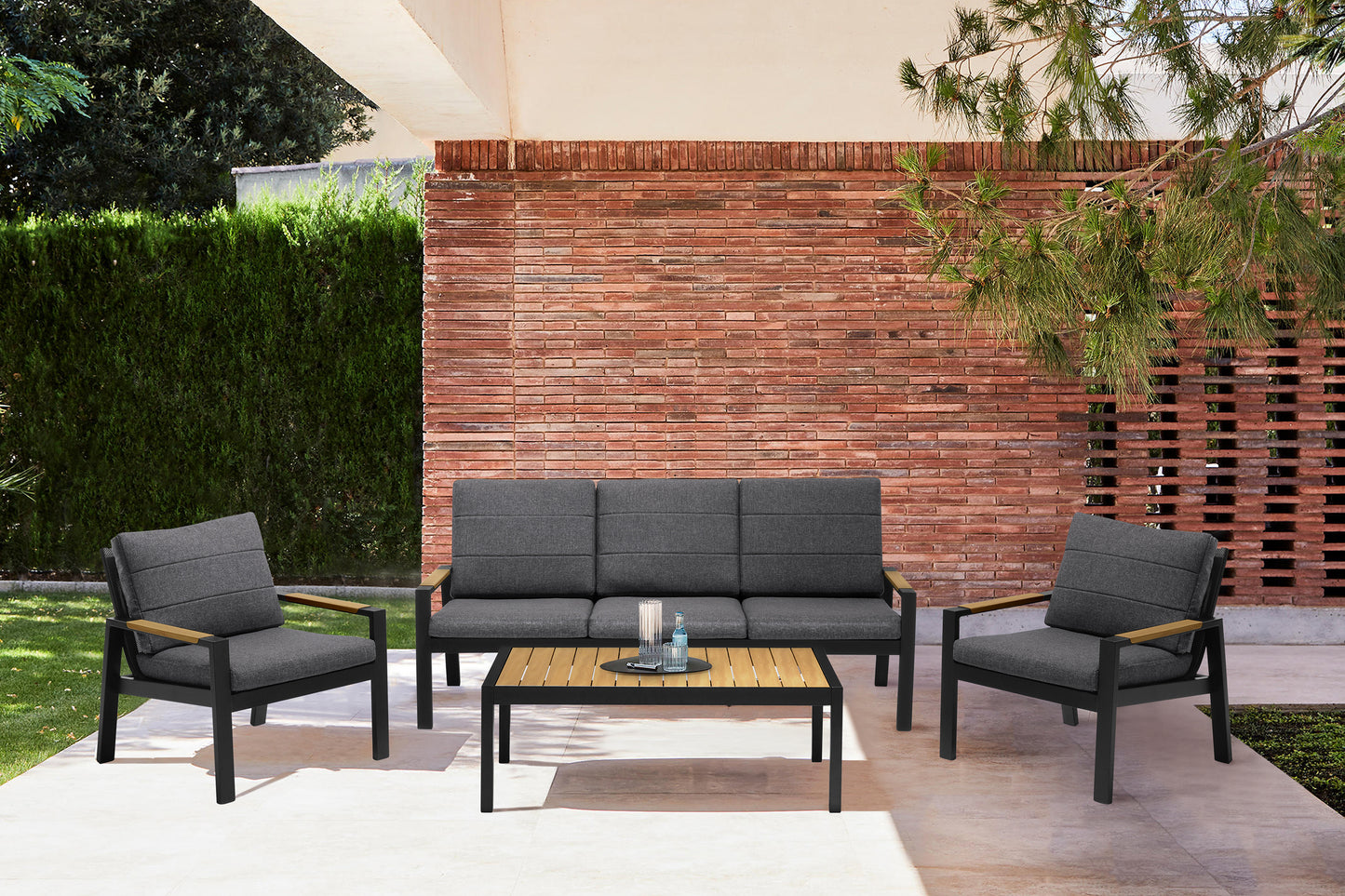 Panama Outdoor 4 Piece Black Aluminum Sofa Seating Set with Dark Gray Olefin