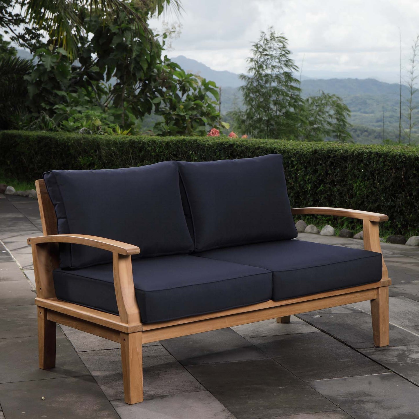 Marina Outdoor Patio Teak Loveseat Natural Navy EEI-1144-NAT-NAV-SET