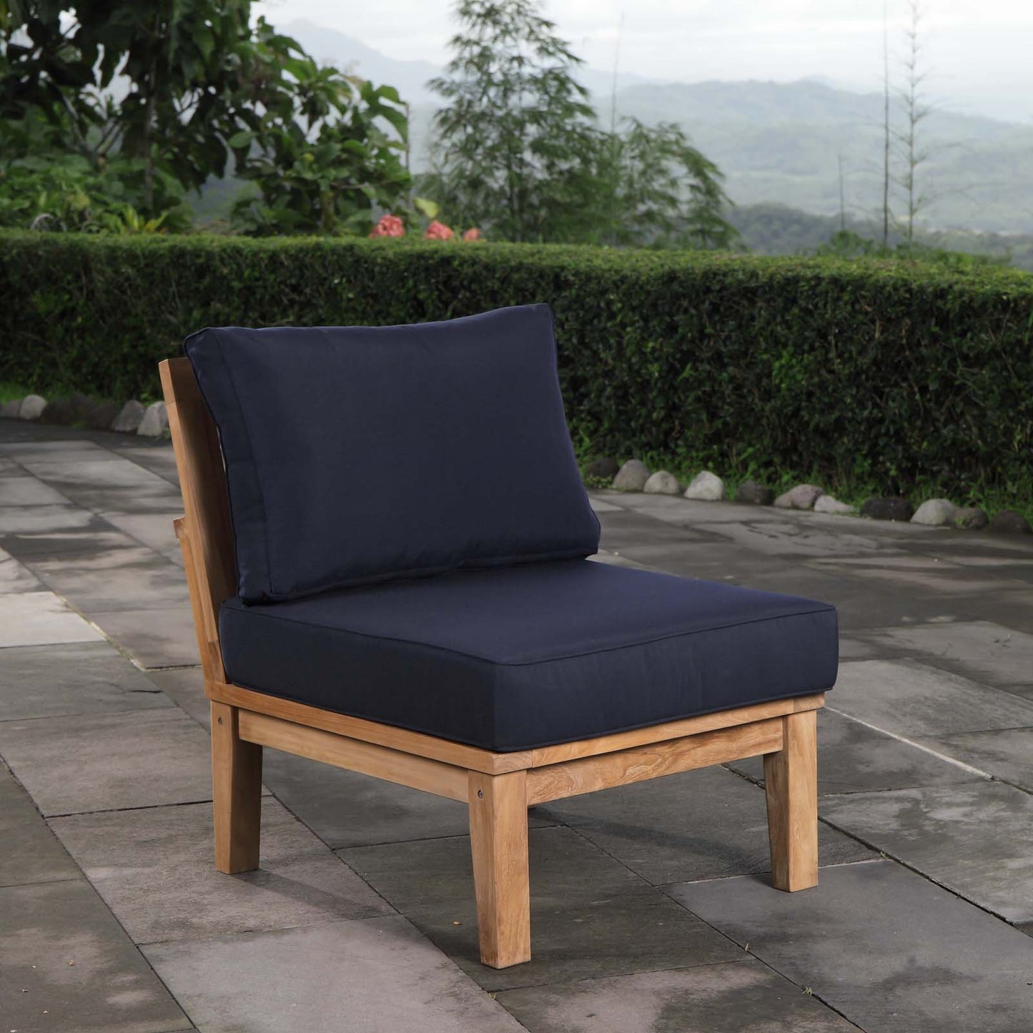 Marina Armless Outdoor Patio Teak Sofa Natural Navy EEI-1150-NAT-NAV-SET