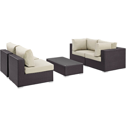 Convene 5 Piece Outdoor Patio Sectional Set Espresso Beige EEI-2163-EXP-BEI-SET