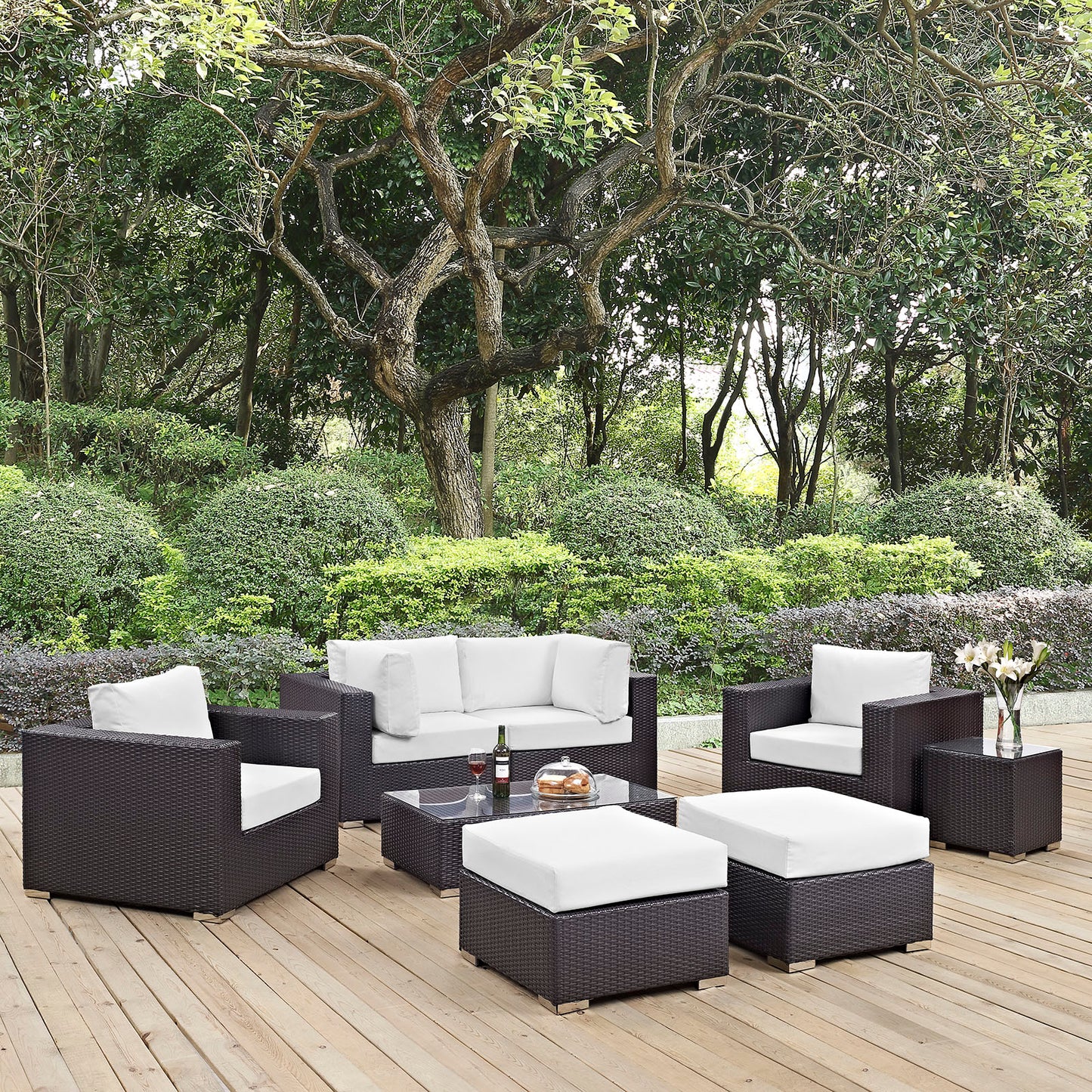 Convene 8 Piece Outdoor Patio Sectional Set Espresso White EEI-2206-EXP-WHI-SET