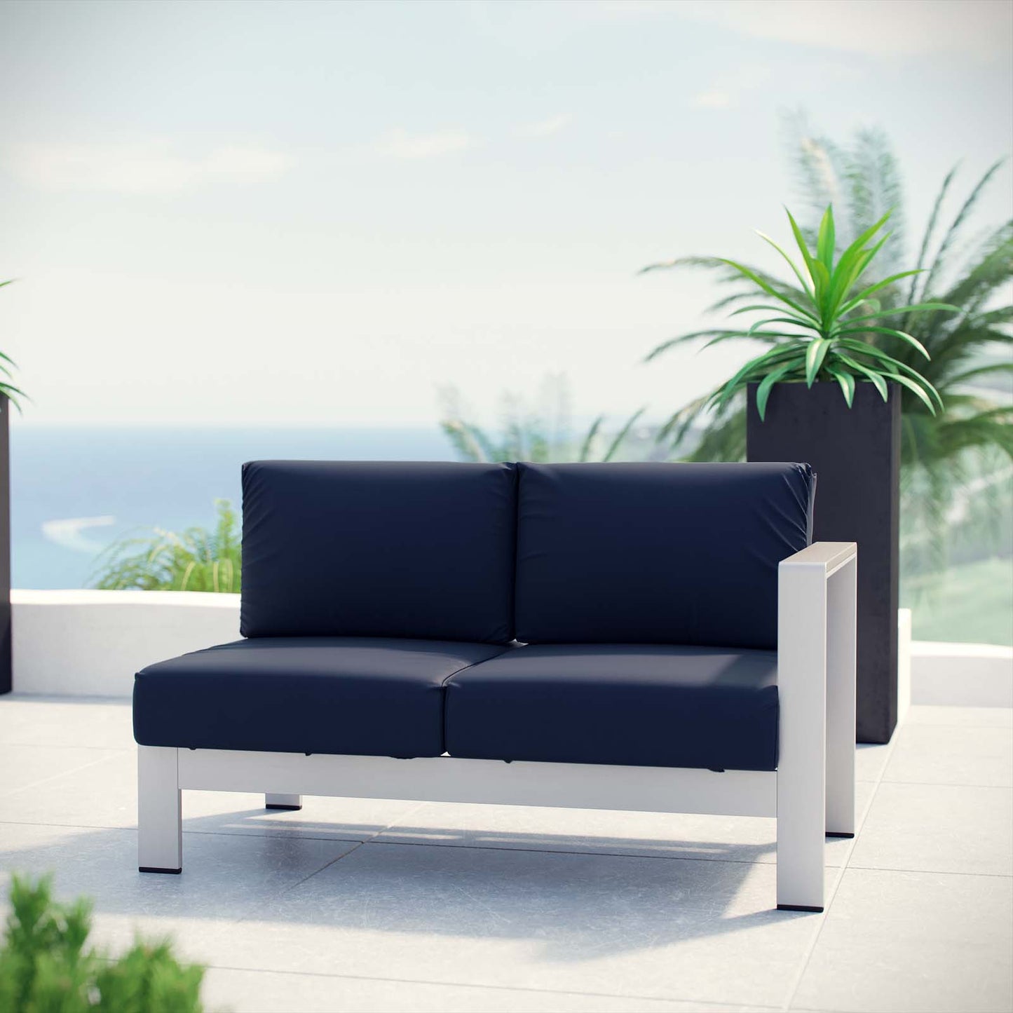 Shore Right-Arm Corner Sectional Outdoor Patio Aluminum Loveseat Silver Navy EEI-2262-SLV-NAV