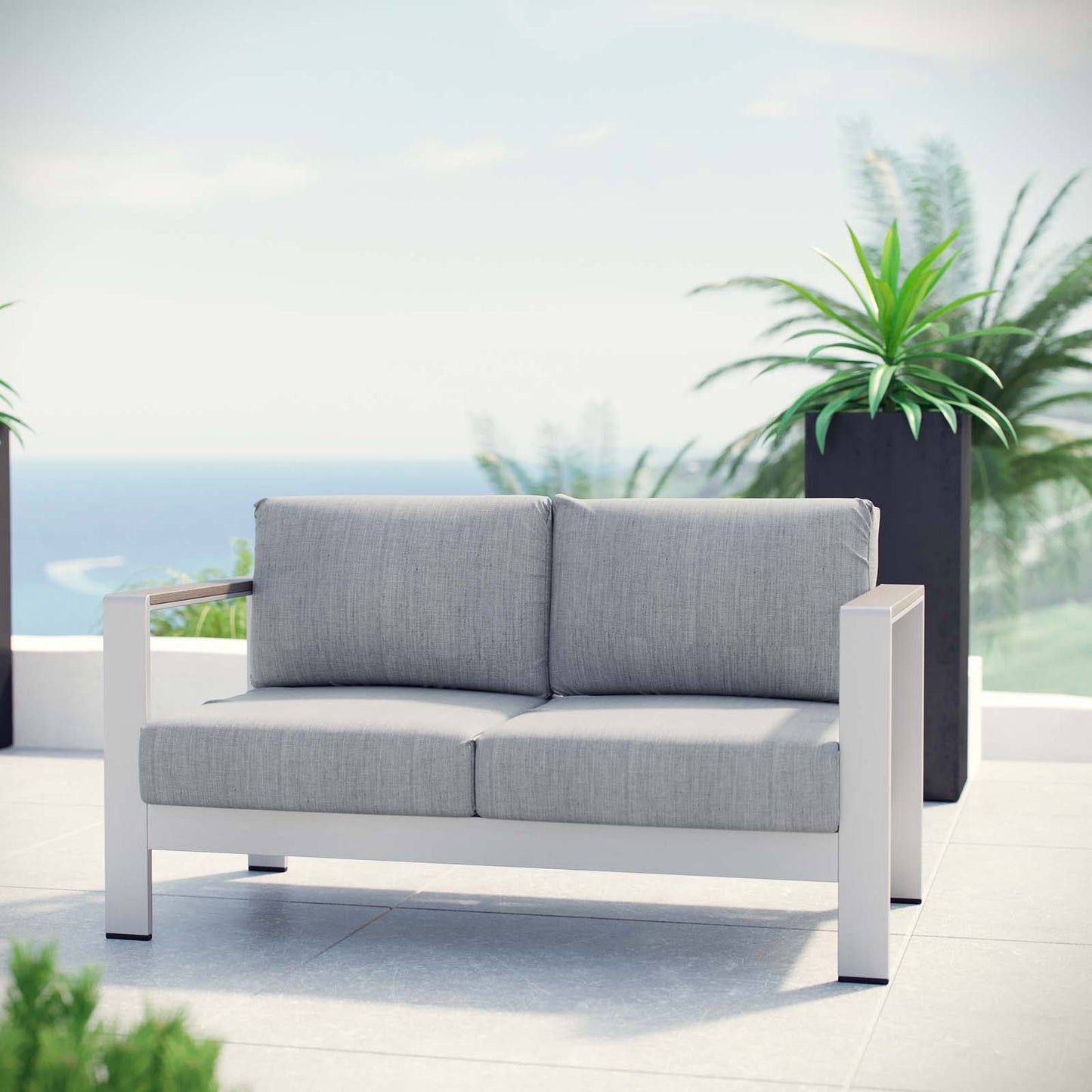 Shore Outdoor Patio Aluminum Loveseat Silver Gray EEI-2267-SLV-GRY