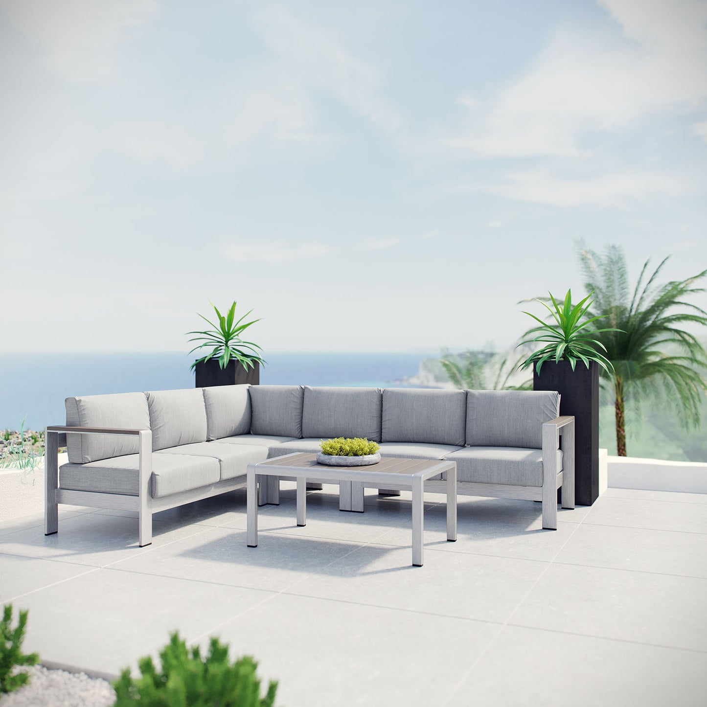 Shore 5 Piece Outdoor Patio Aluminum Sectional Sofa Set Silver Gray EEI-2557-SLV-GRY