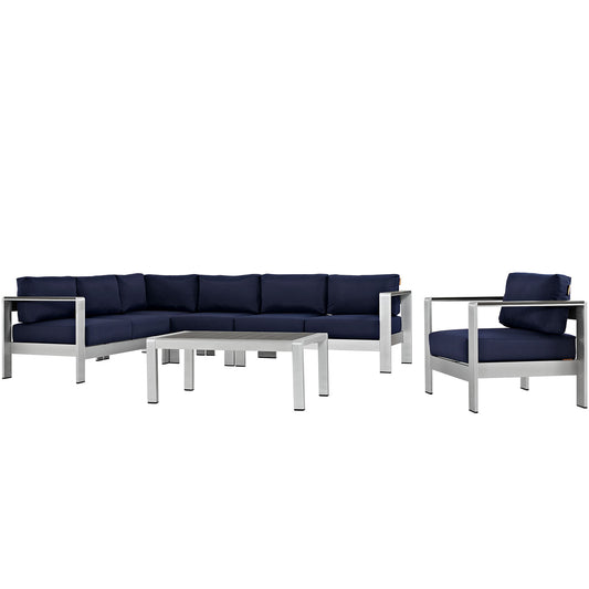 Shore 6 Piece Outdoor Patio Aluminum Sectional Sofa Set Silver Navy EEI-2558-SLV-NAV