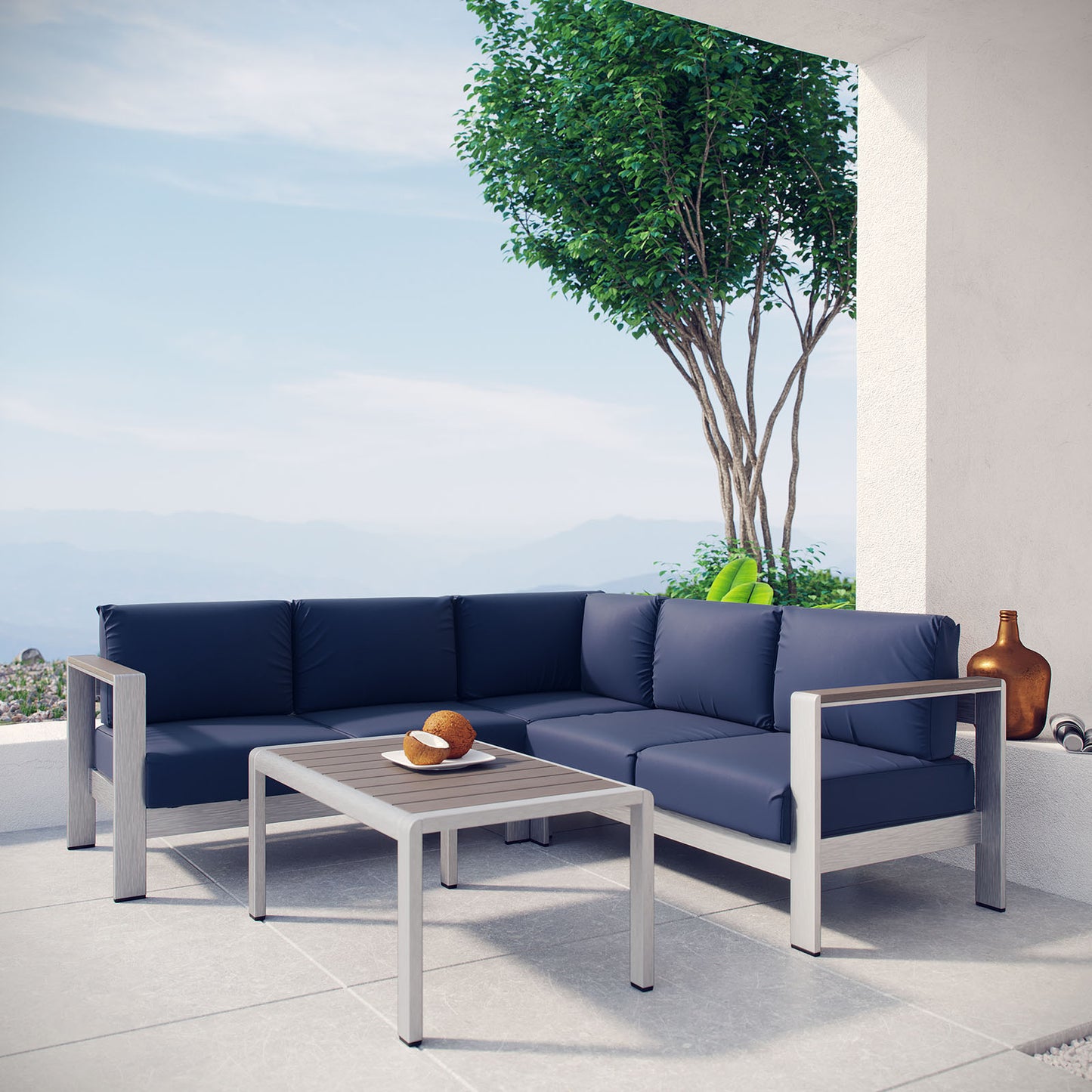 Shore 4 Piece Outdoor Patio Aluminum Sectional Sofa Set Silver Navy EEI-2559-SLV-NAV