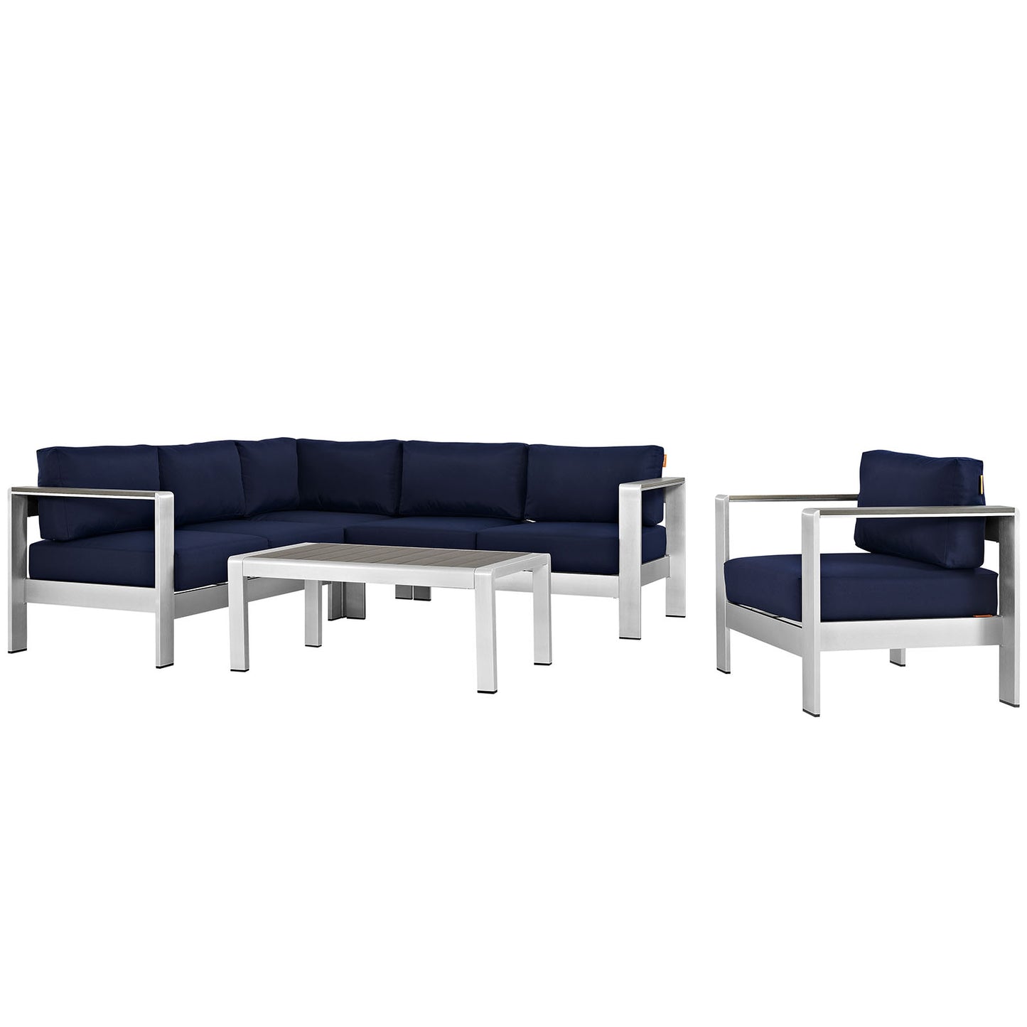 Shore 5 Piece Outdoor Patio Aluminum Sectional Sofa Set Silver Navy EEI-2560-SLV-NAV