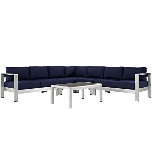 Shore 6 Piece Outdoor Patio Aluminum Sectional Sofa Set Silver Navy EEI-2561-SLV-NAV