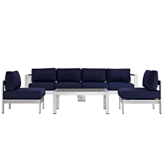 Shore 5 Piece Outdoor Patio Aluminum Sectional Sofa Set Silver Navy EEI-2564-SLV-NAV