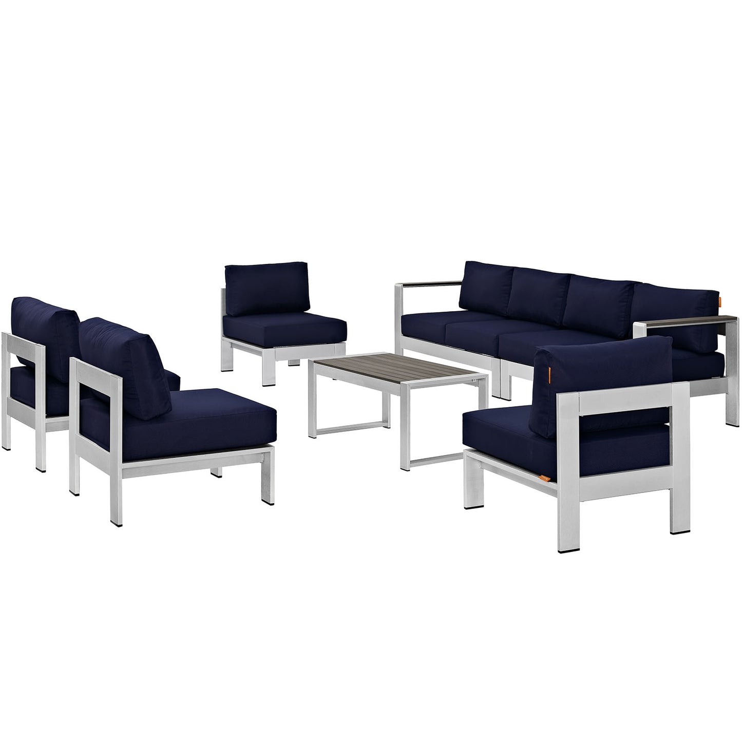 Shore 7 Piece Outdoor Patio Sectional Sofa Set Silver Navy EEI-2566-SLV-NAV