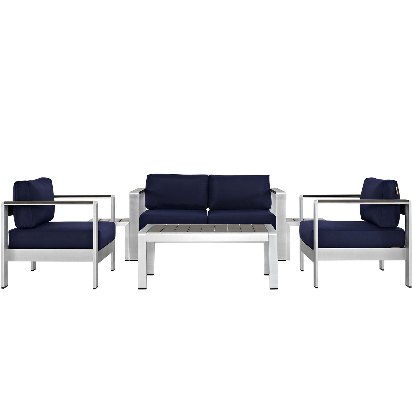 Shore 6 Piece Outdoor Patio Aluminum Sectional Sofa Set Silver Navy EEI-2568-SLV-NAV