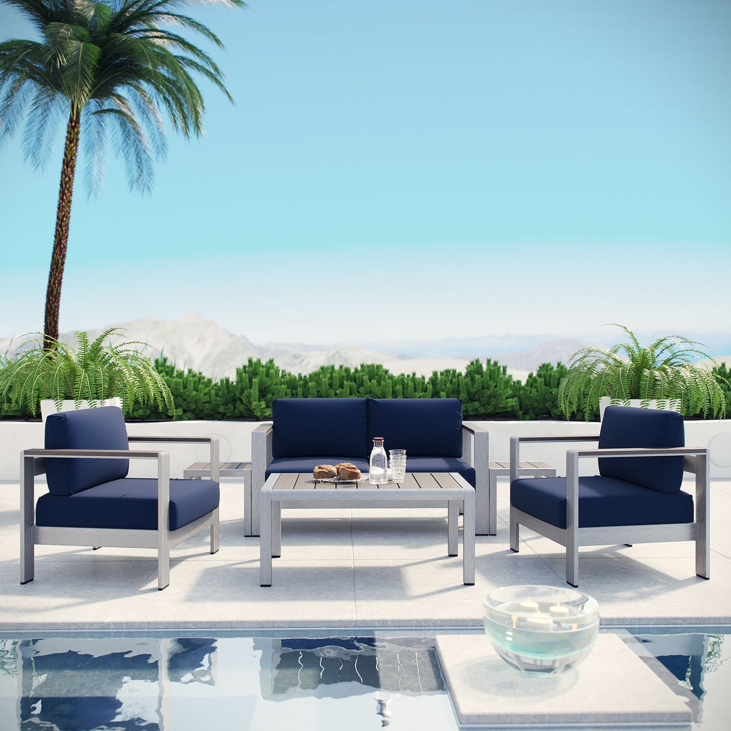 Shore 6 Piece Outdoor Patio Aluminum Sectional Sofa Set Silver Navy EEI-2568-SLV-NAV