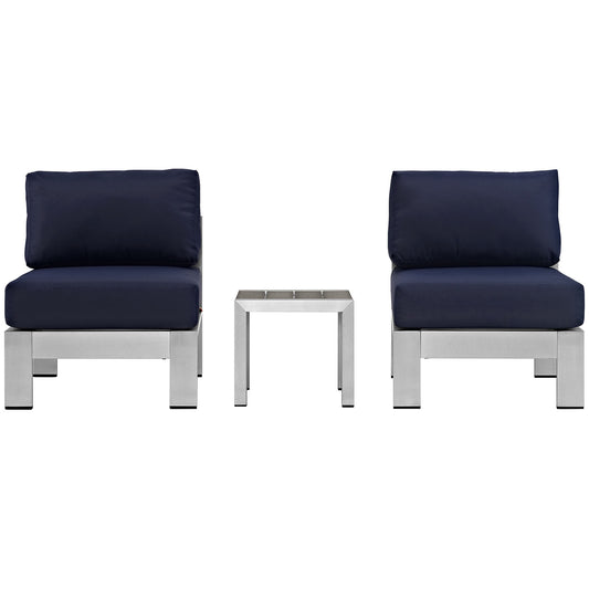 Shore 3 Piece Outdoor Patio Aluminum Sectional Sofa Set Silver Navy EEI-2598-SLV-NAV