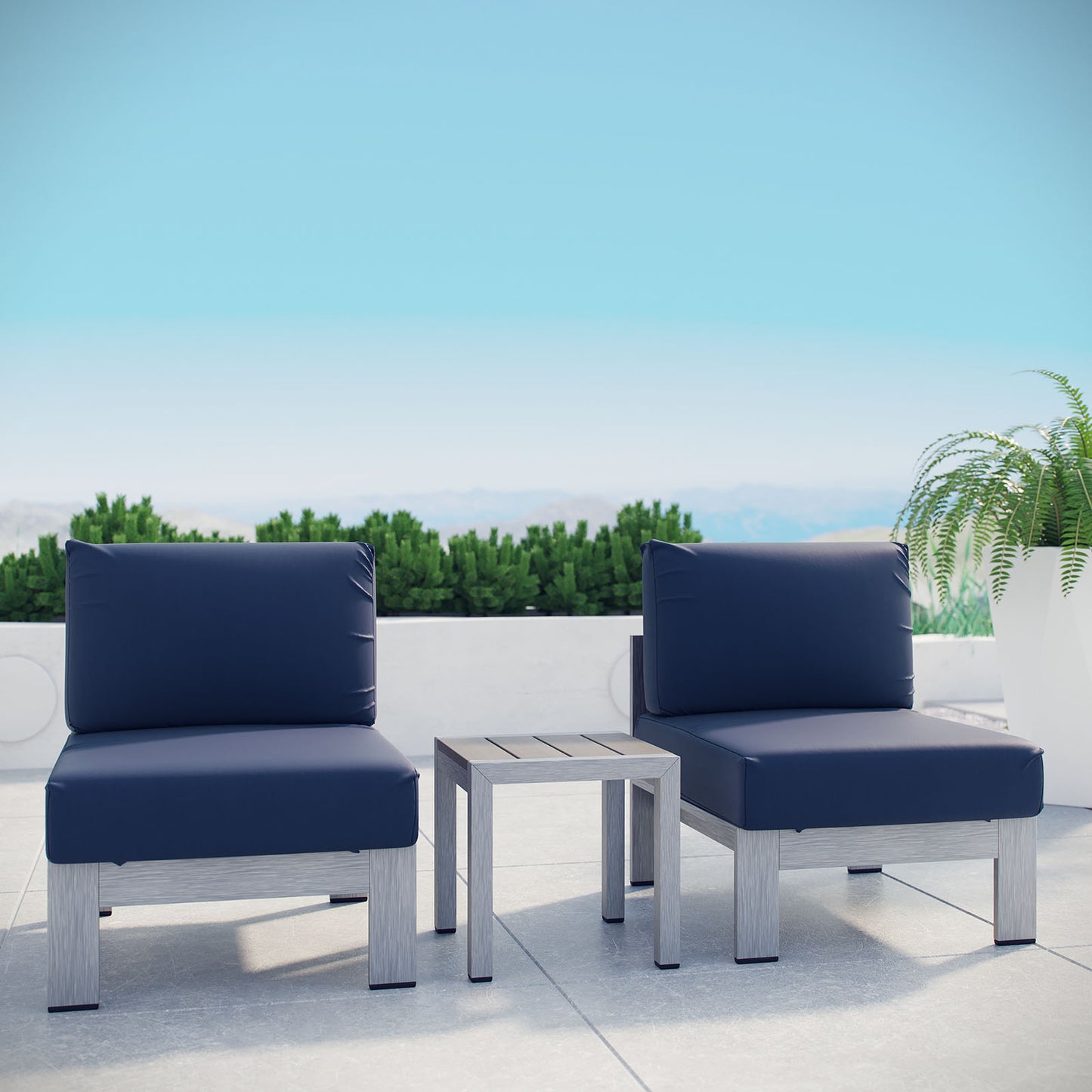 Shore 3 Piece Outdoor Patio Aluminum Sectional Sofa Set Silver Navy EEI-2598-SLV-NAV