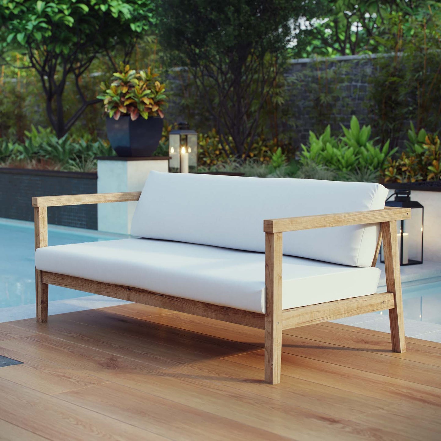 Bayport Outdoor Patio Teak Sofa Natural White EEI-2696-NAT-WHI