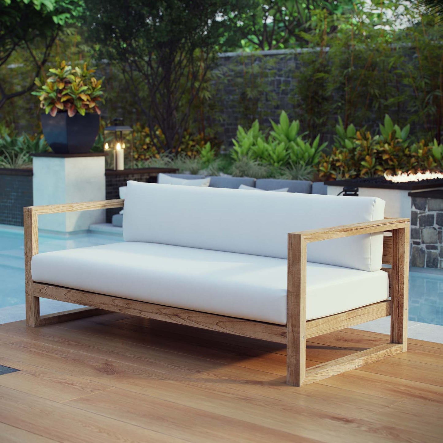 Upland Outdoor Patio Teak Sofa Natural White EEI-2707-NAT-WHI