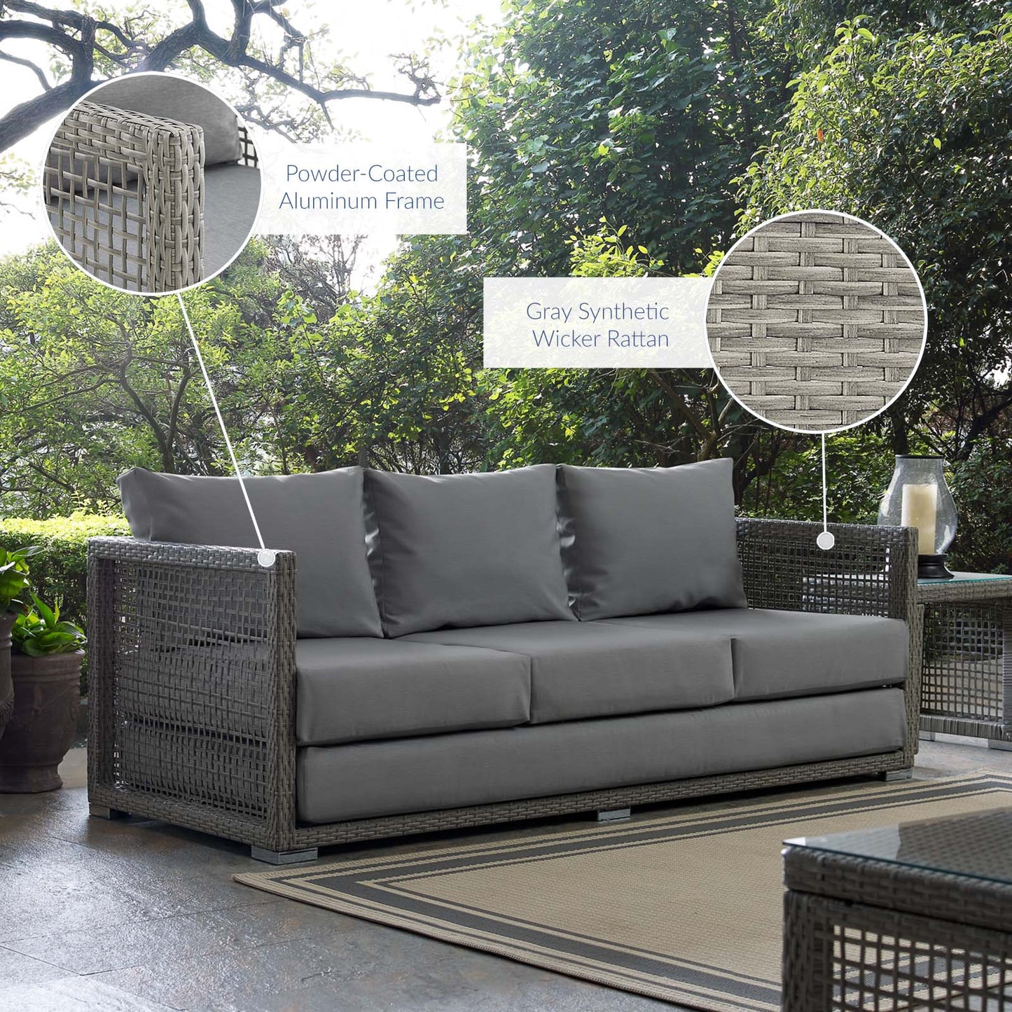 Aura Outdoor Patio Wicker Rattan Sofa Gray Gray EEI-2923-GRY-GRY