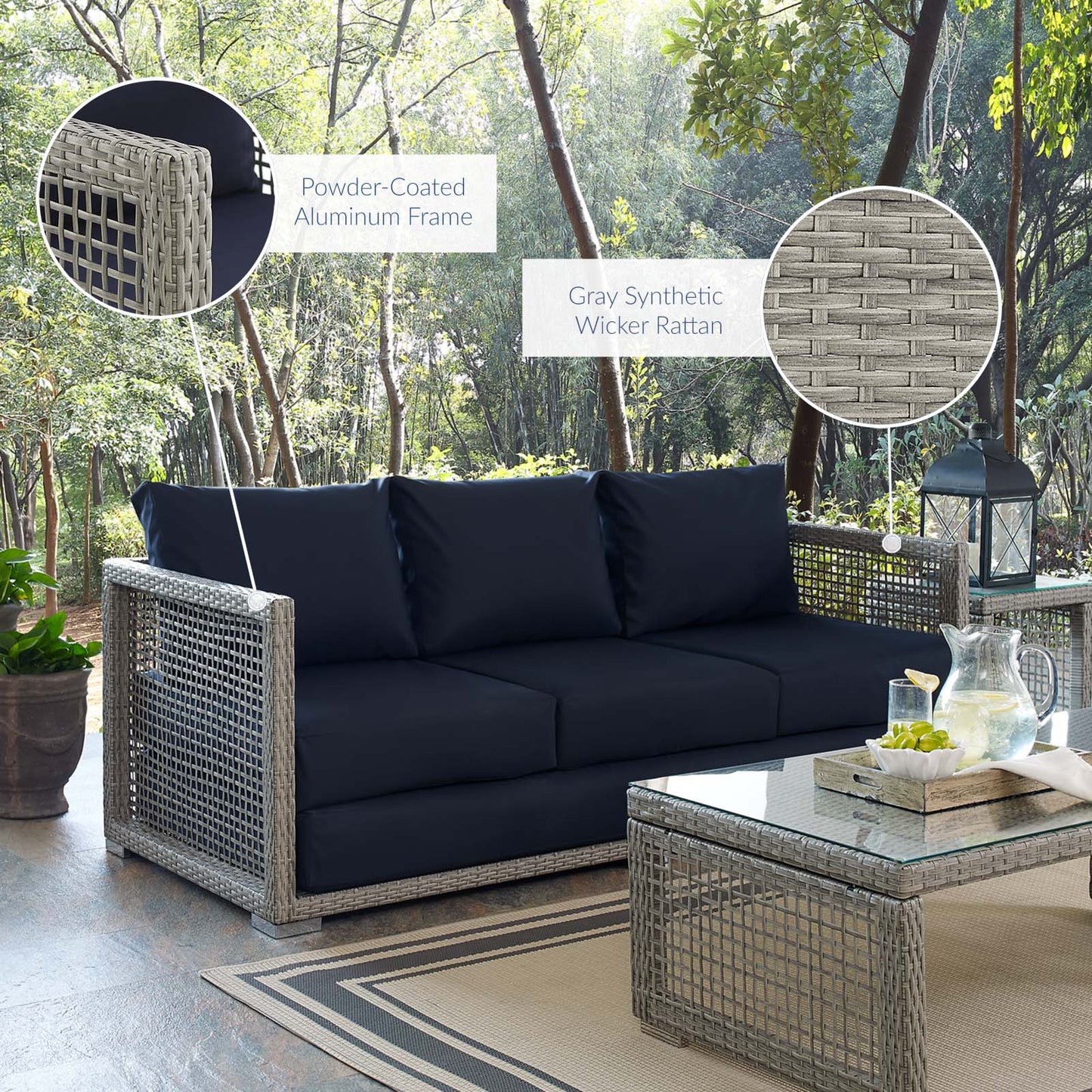 Aura Outdoor Patio Wicker Rattan Sofa Gray Navy EEI-2923-GRY-NAV