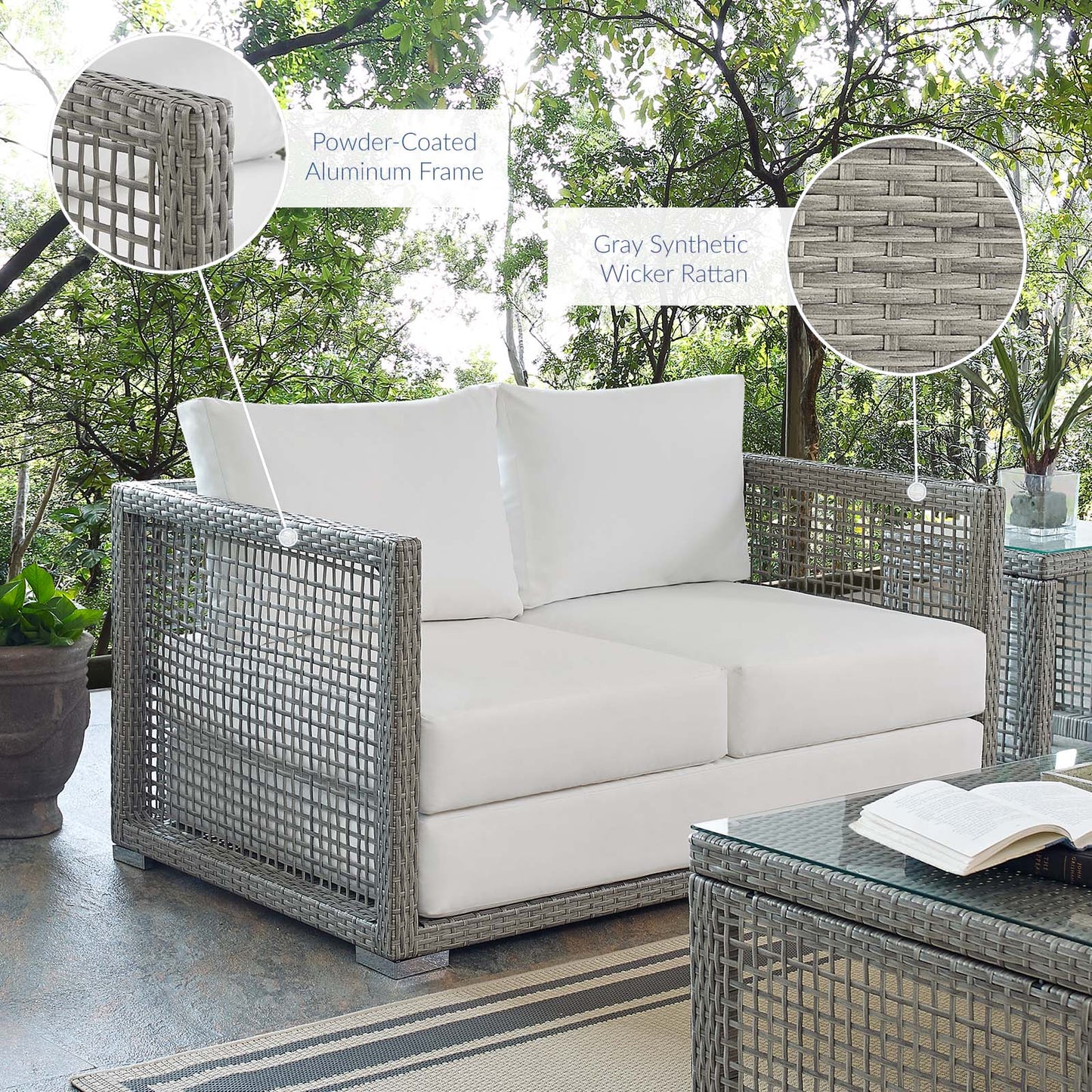 Aura Outdoor Patio Wicker Rattan Loveseat Gray White EEI-2924-GRY-WHI