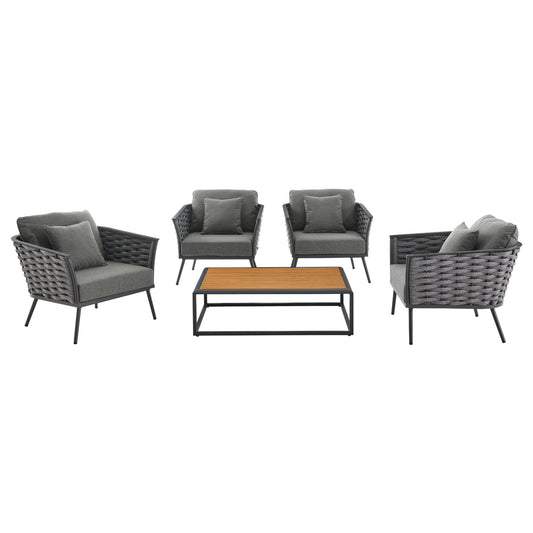 Stance 5 Piece Outdoor Patio Aluminum Sectional Sofa Set Gray Charcoal EEI-3321-GRY-CHA-SET