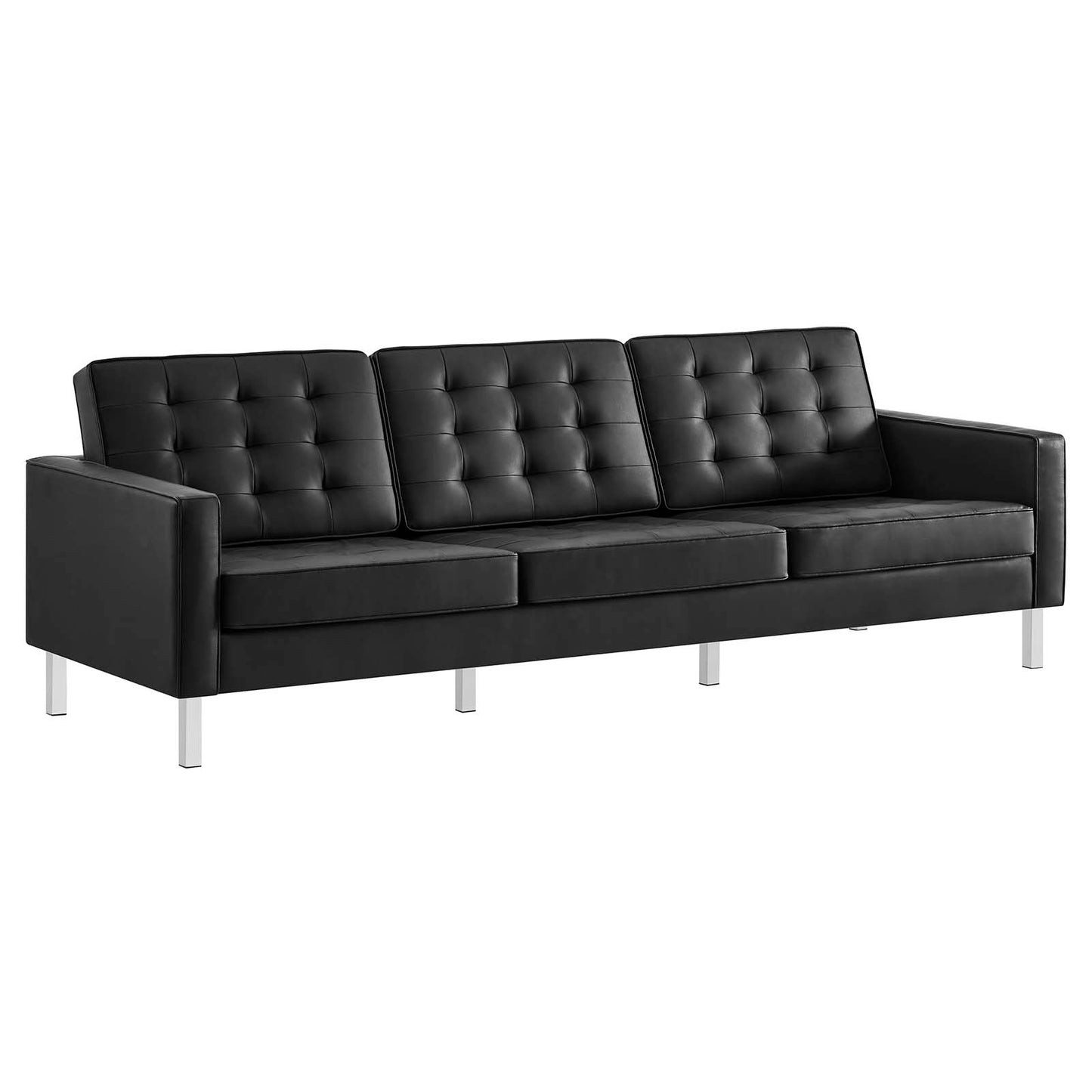 Loft Tufted Vegan Leather Sofa and Ottoman Set Silver