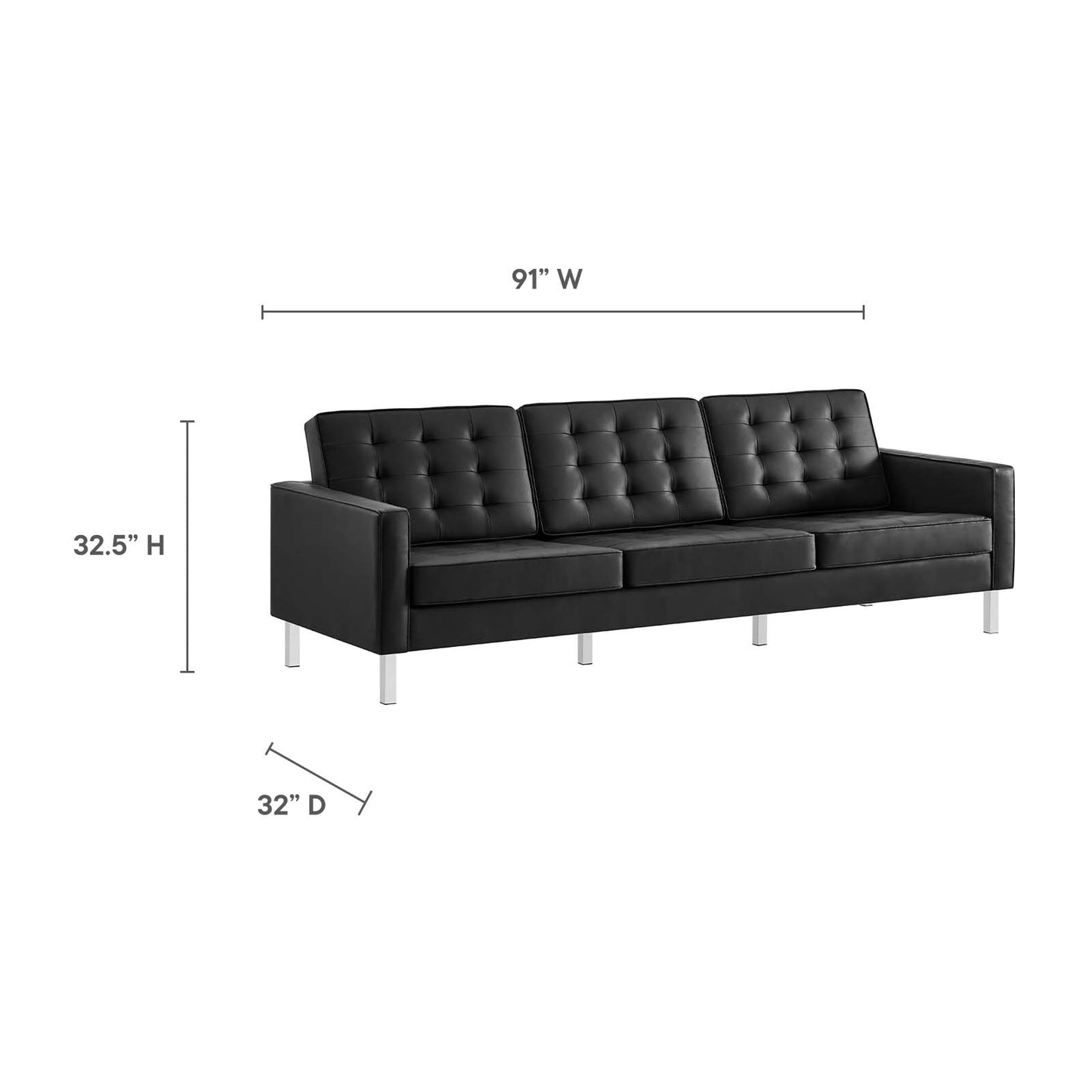 Loft Tufted Vegan Leather Sofa and Ottoman Set Silver