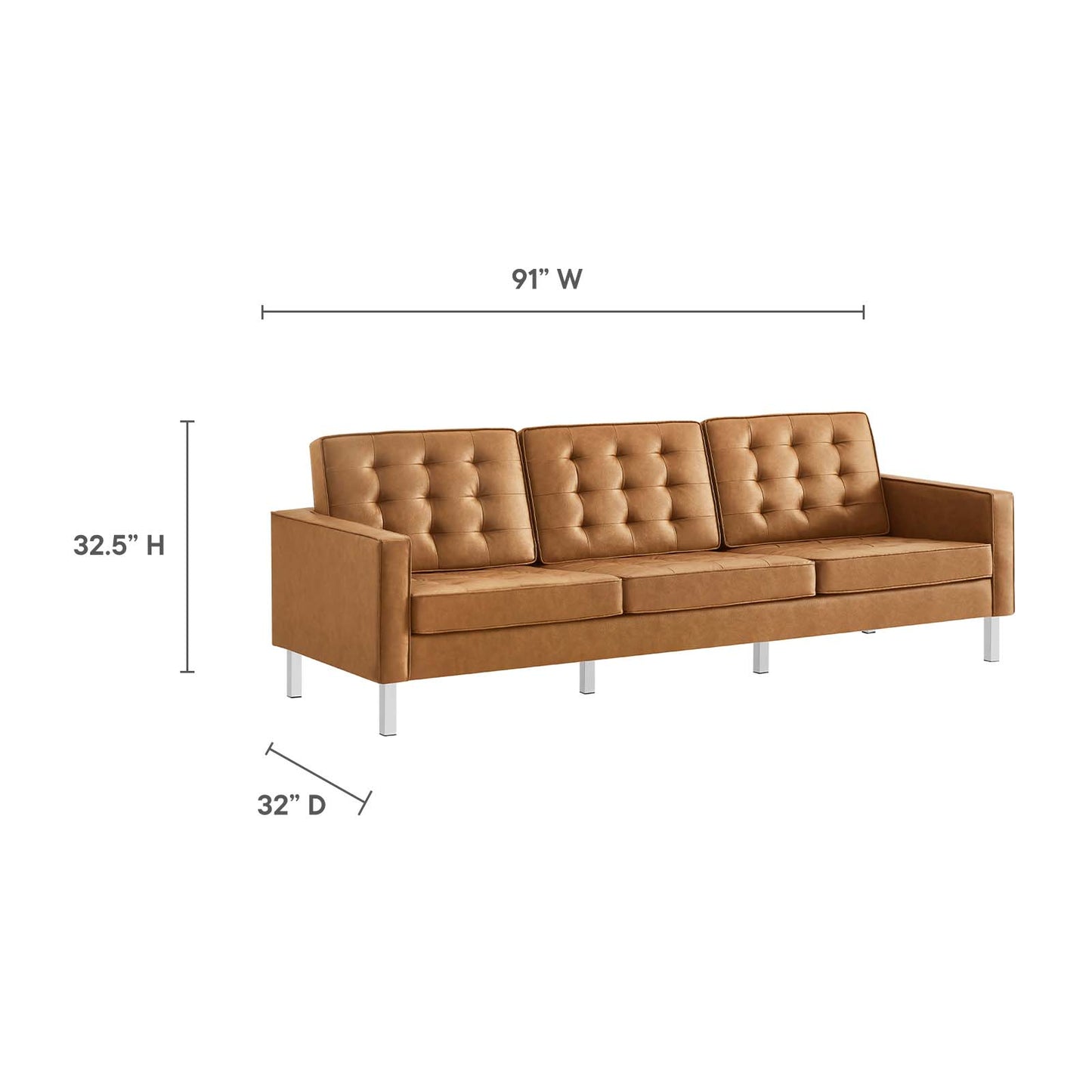 Loft Tufted Vegan Leather Sofa and Ottoman Set Silver