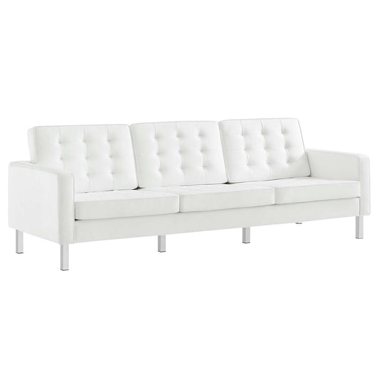 Loft Tufted Vegan Leather Sofa and Ottoman Set Silver