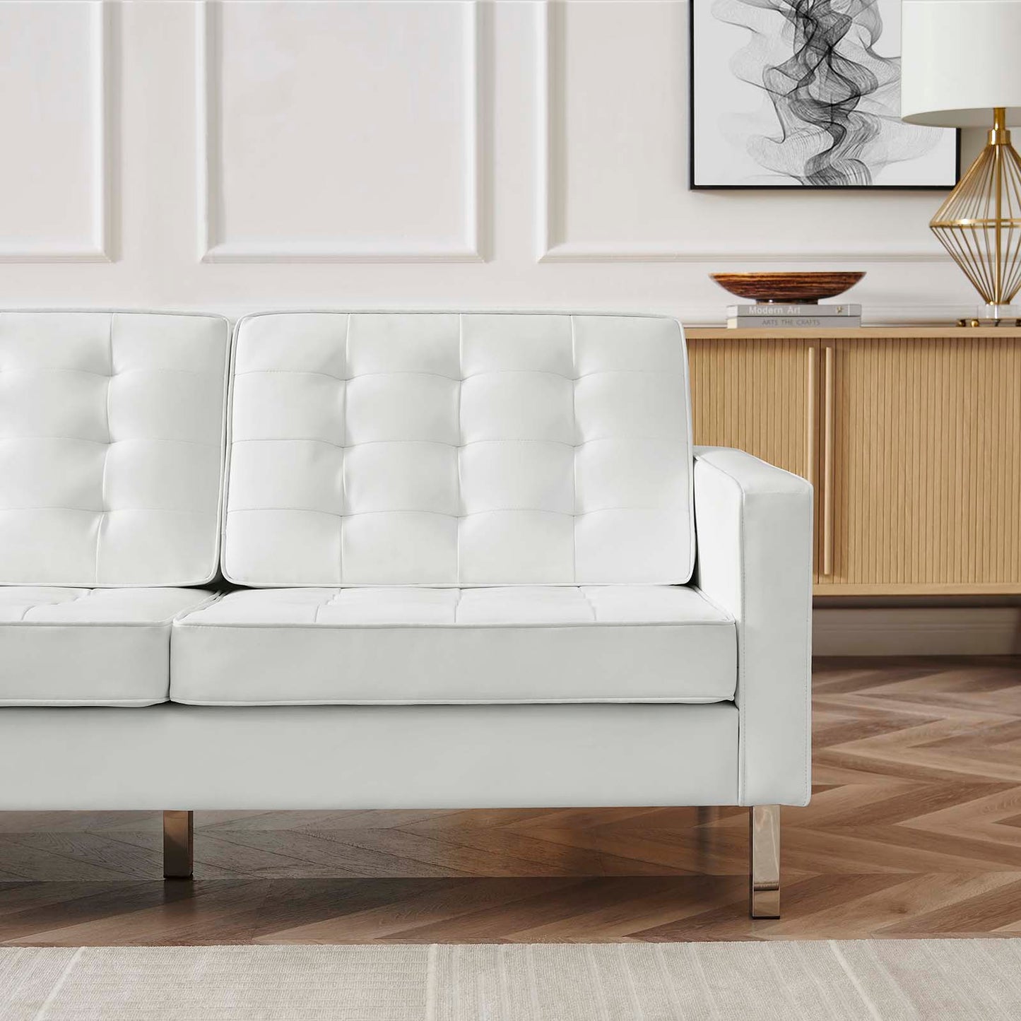 Loft Tufted Vegan Leather Sofa and Ottoman Set Silver