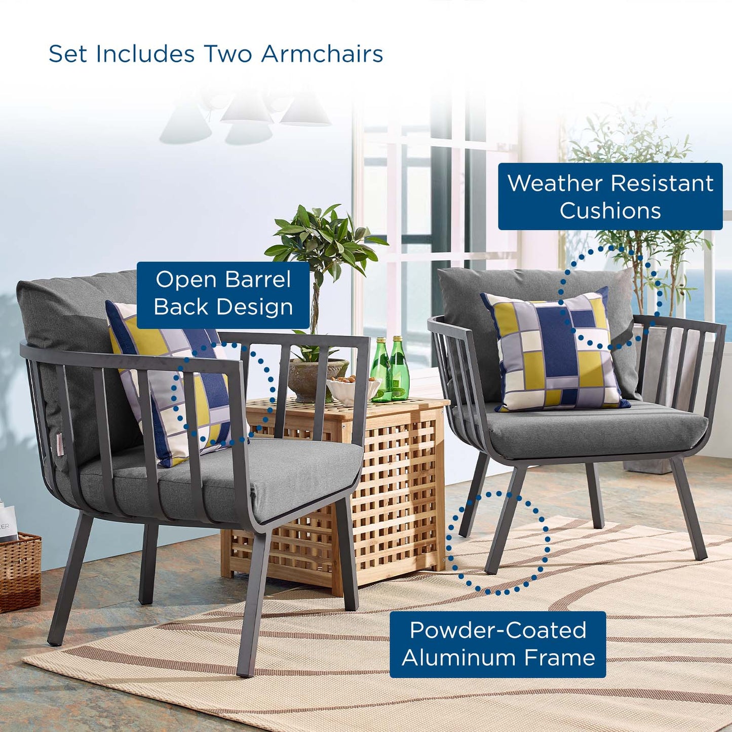 Riverside Outdoor Patio Aluminum Armchair Set of 2 Gray Charcoal EEI-3960-SLA-CHA