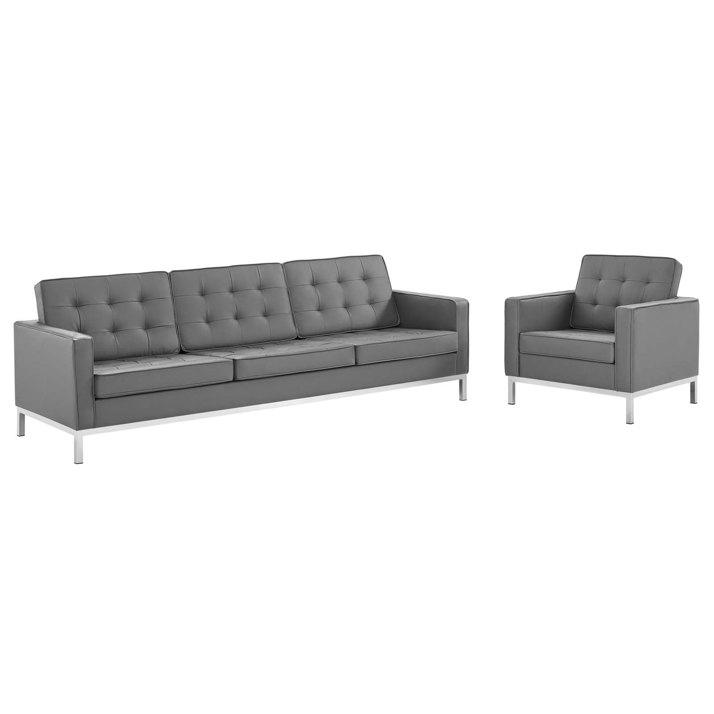 Loft Tufted Upholstered Faux Leather Sofa and Armchair Set Silver Gray EEI-4104-SLV-GRY-SET