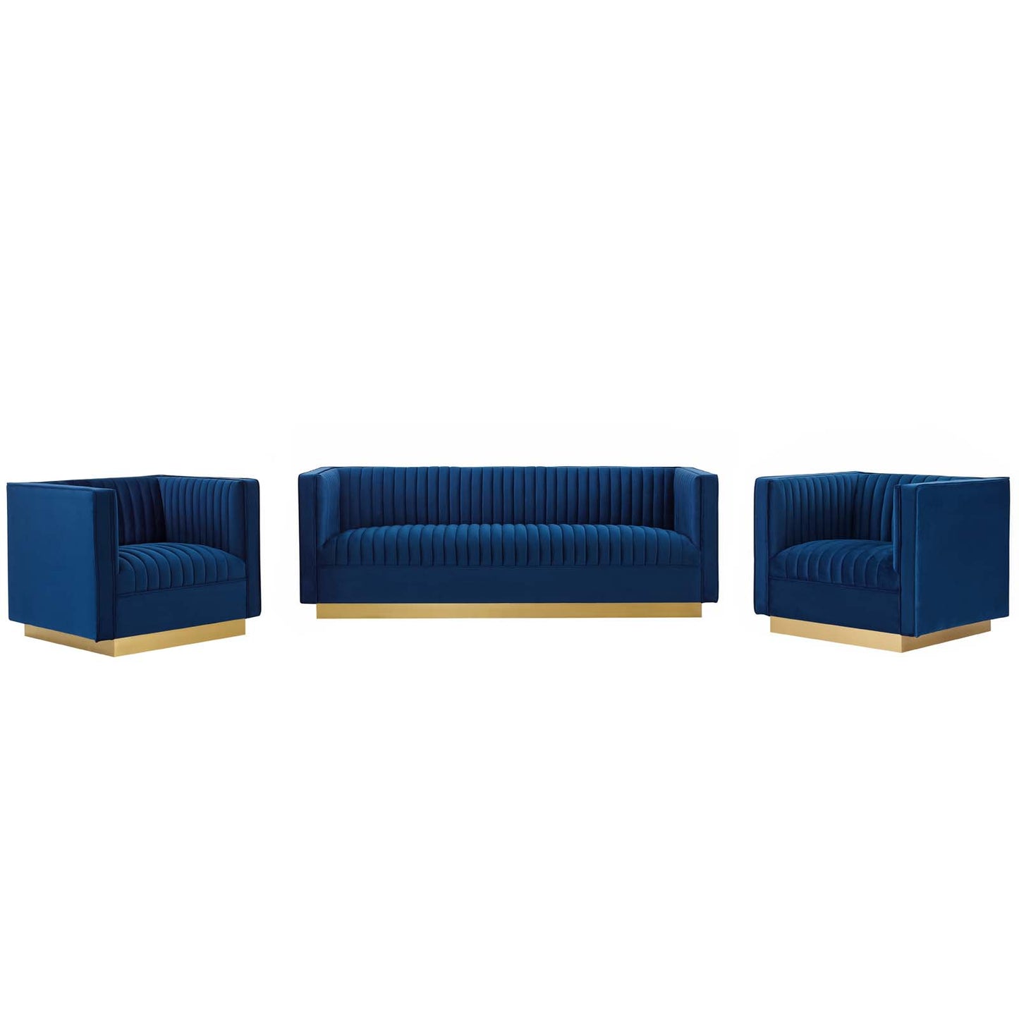 Sanguine 3 Piece Vertical Channel Tufted Upholstered Performance Velvet Set Navy EEI-4144-NAV-SET