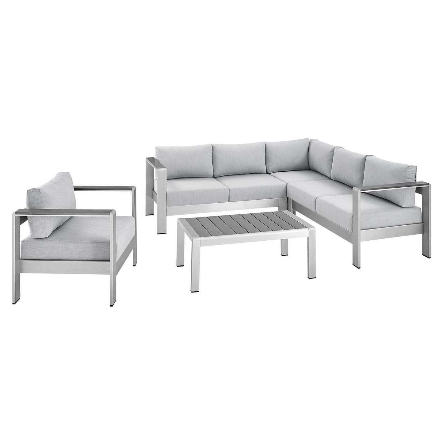 Shore Sunbrella® Fabric Outdoor Patio Aluminum 5 Piece Sectional Sofa Set Silver Gray EEI-4317-SLV-GRY-SET