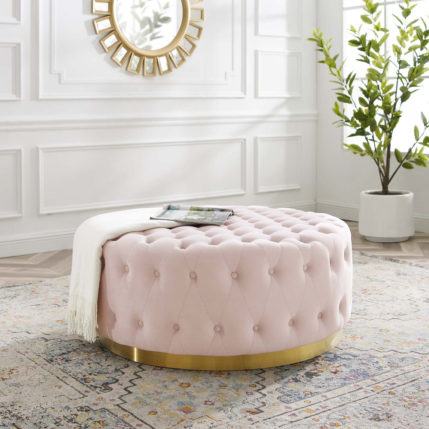 Ensconce Tufted Performance Velvet Round Ottoman Pink EEI-4326-PNK